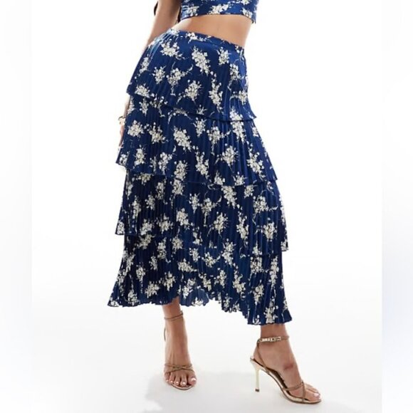 Abercrombie & Fitch Dresses & Skirts - [XL]Abercrombie&Fitch Blue Floral Satin Pleated Tiered Maxi Skirt